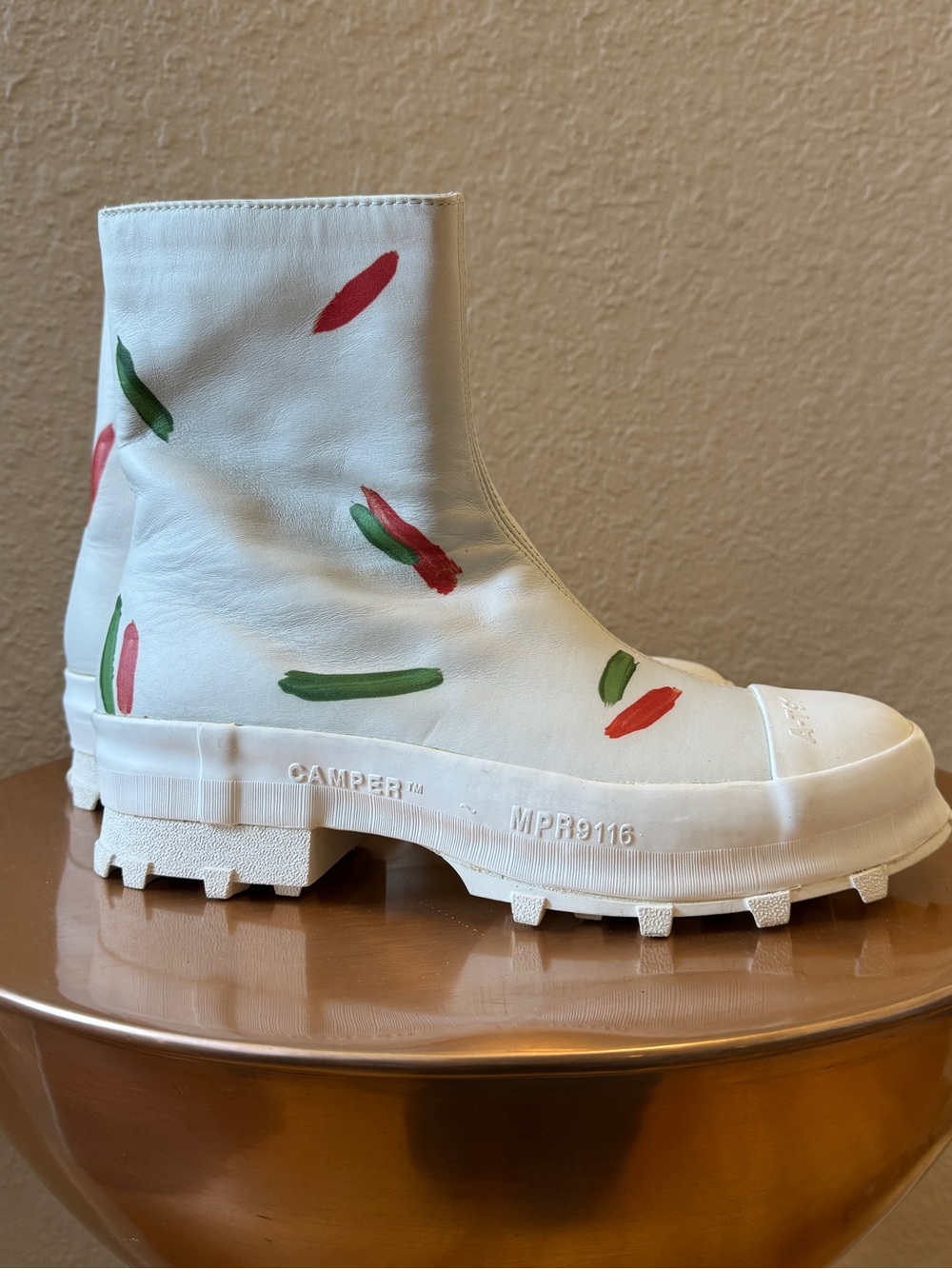 Camper White Leather Ankle Boot with Red & Green